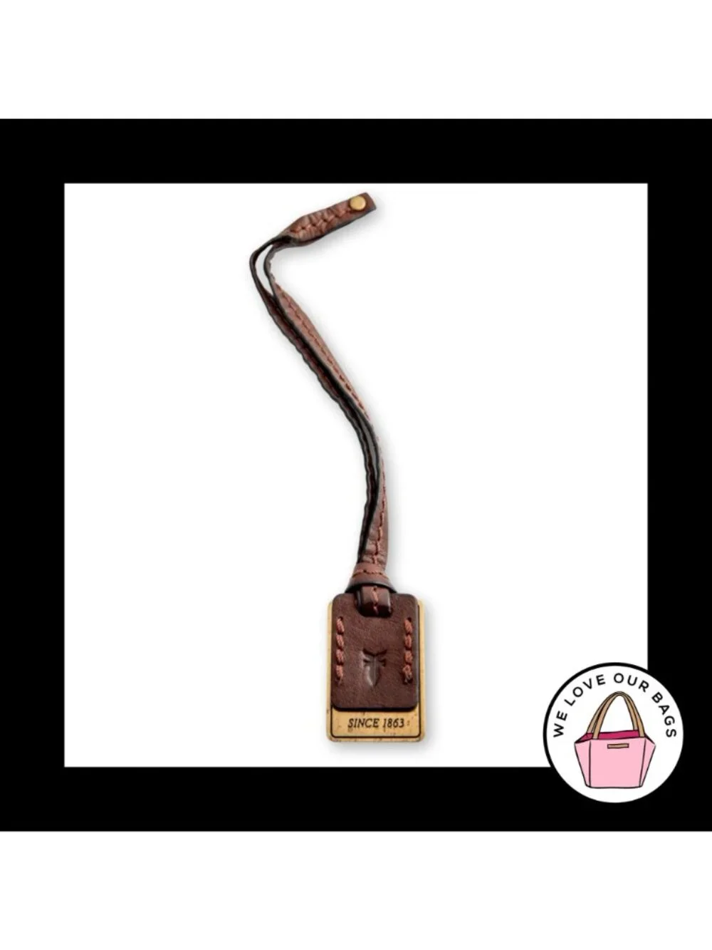FRYE Gold Brass Metal Brown Leather Strap Loop Bag Charm Hang Tag Keychain Fob